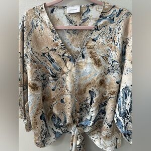 Adrienne Vittadini Abstract Tie Front Blouse | Neutral Print Top